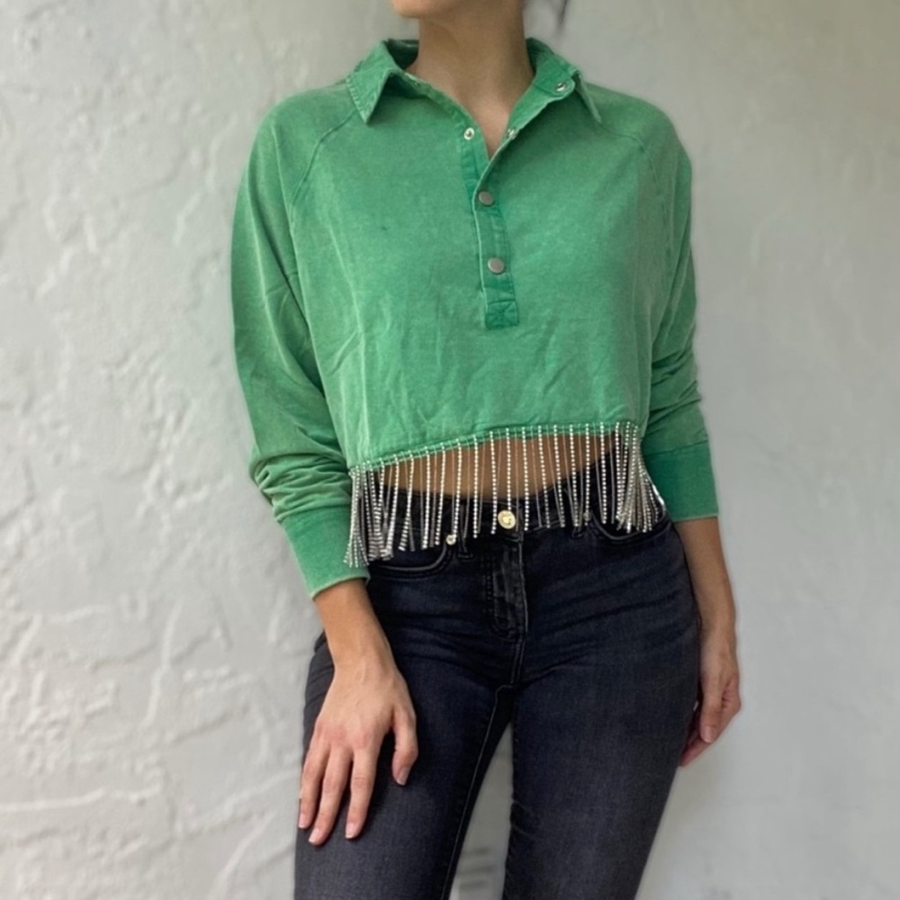 Blue B Collection French Terry Green Crop Top with Rhinestone Fringe